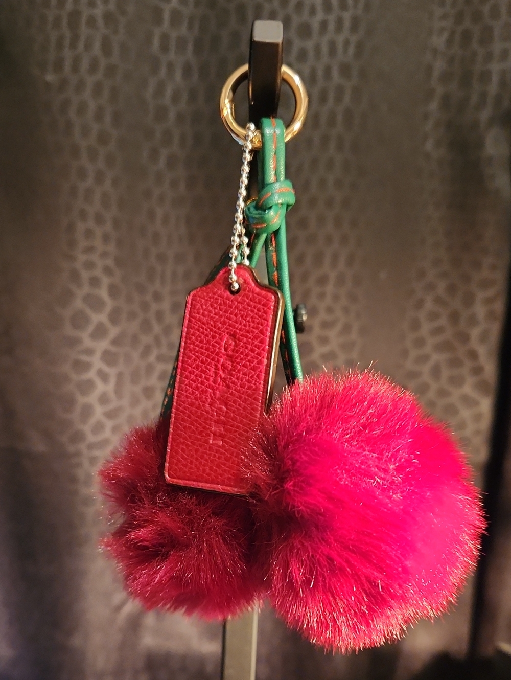 Coach Dark Red Hang Tag With Unbranded Fur Pom Pom Keychain Bag Charm